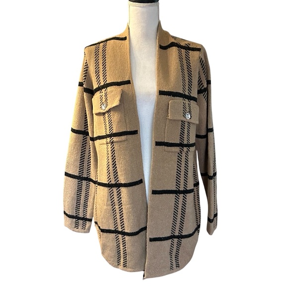 NWT Adrienne Vittadini Window Pane Plaid Pocket Cardigan Women’s SZ M Tan Black - Picture 1 of 7